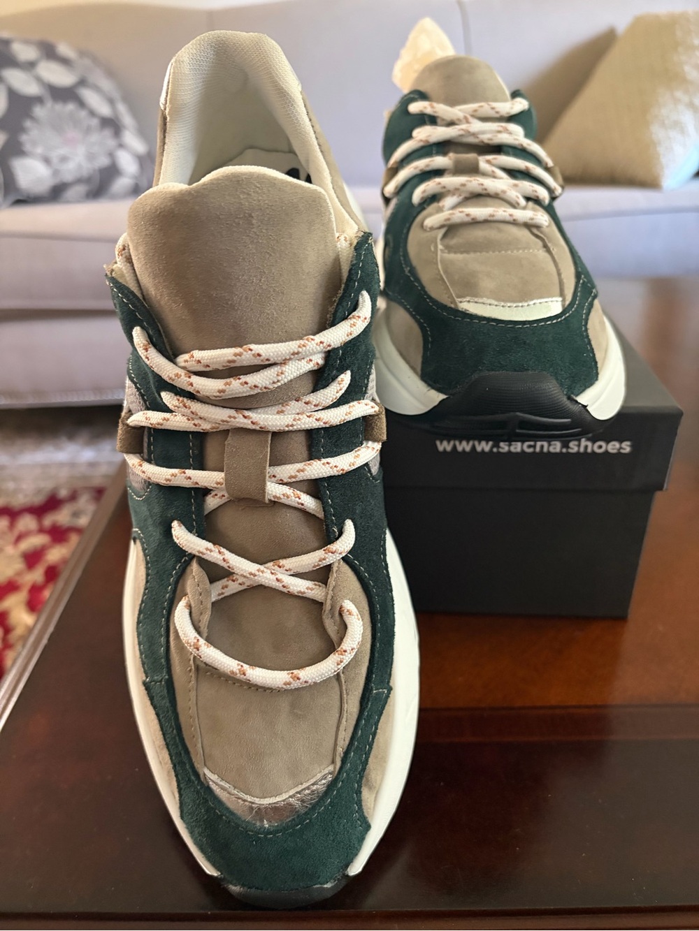 Sacha Women’s Green and Taupe Suede-Accent Casual Sneakers